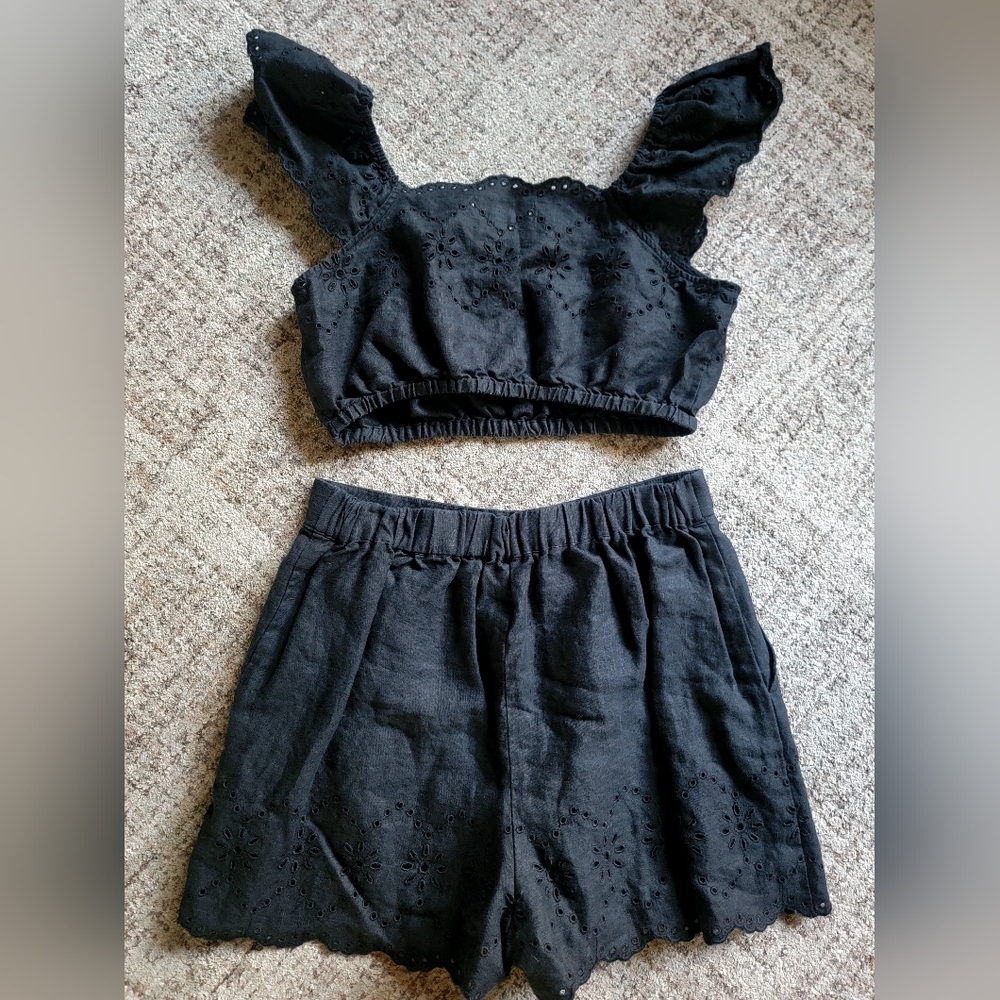 Rachel Parcell Black 2 Piece Set Outfit Linen‎ Eyelet Crop Top and Shorts Small - Picture 6 of 10